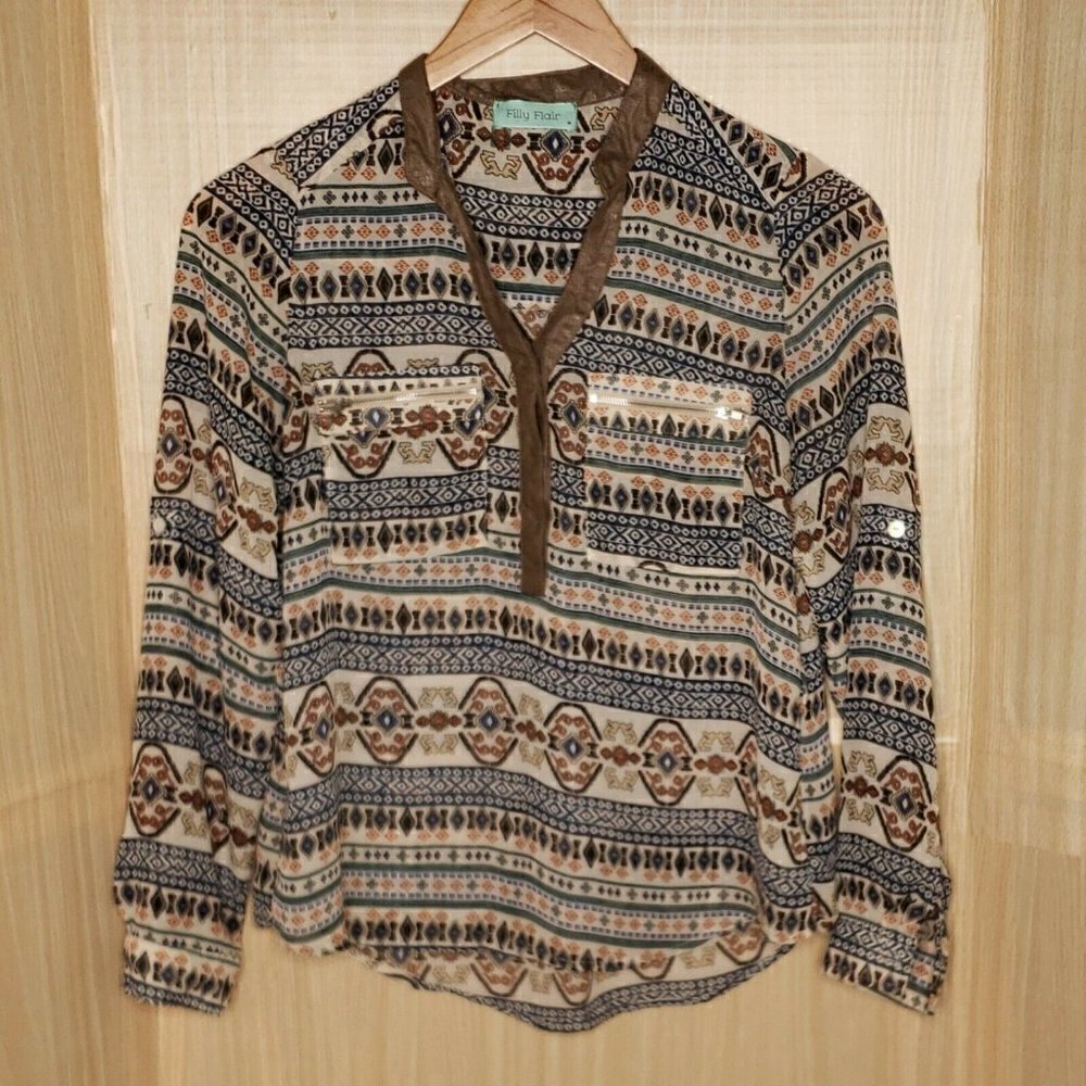 Filly Flair Semi Sheer Aztec High Low Blouse